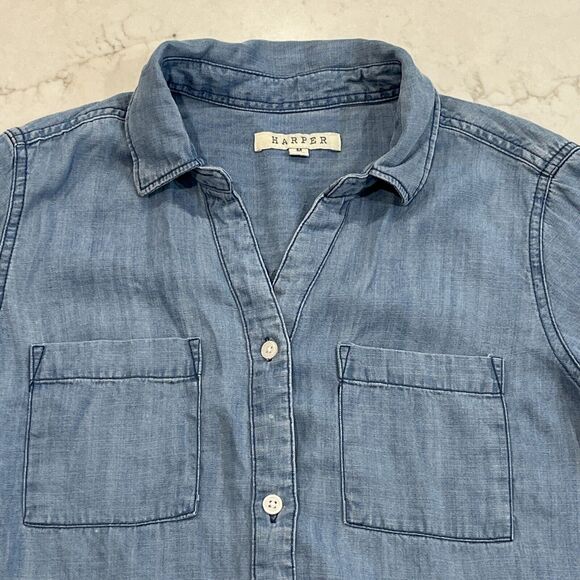 Harper Womens M Button Up Back Light Chambray Roll Tab Long Sleeve Lyocell Shirt - Picture 5 of 9